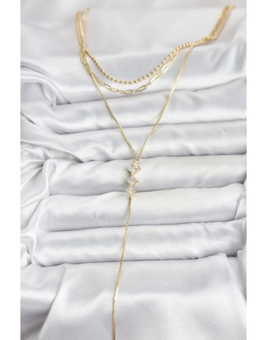 ® Pirinç Gold Renk Zirkon Taş Detaylı 3lü Kombin Y Kadın Kolye