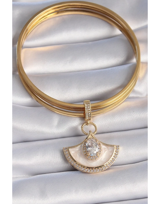 ® Pirinç Gold Renk Zirkon Taş Detaylı Beyaz Mineli Ajda Charm