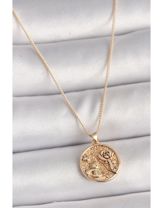 ® Pirinç Gold Renk Zirkon Taş Detaylı Gül İşleme Madalyon Model Kadın Kolye