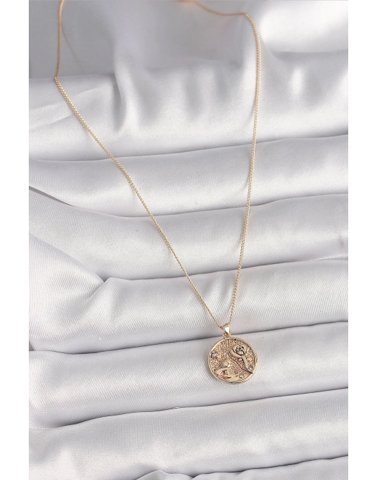 ® Pirinç Gold Renk Zirkon Taş Detaylı Gül İşleme Madalyon Model Kadın Kolye