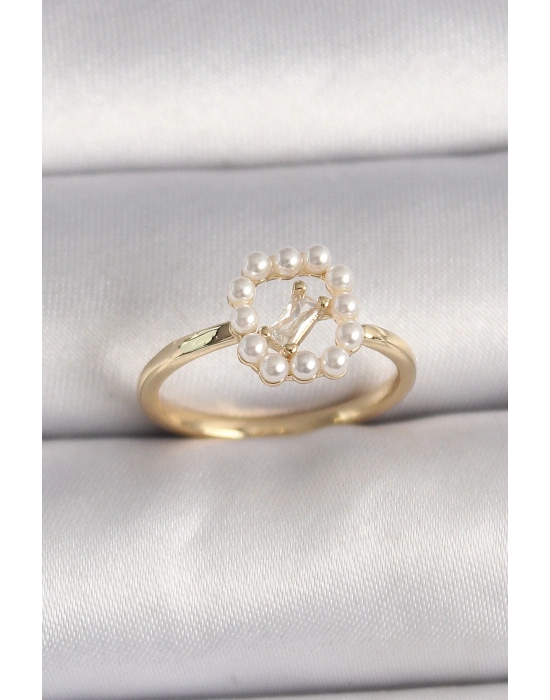 ® Pirinç Gold Renk Zirkon Taş Detaylı İncili Ayarlanabilir Yüzük