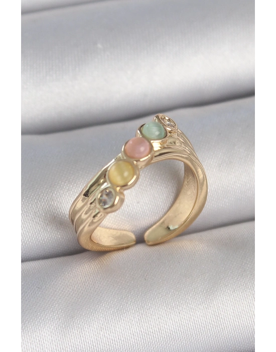 ® Pirinç Gold Renk Zirkon Taş Detaylı Karışık Mineli Ayarlanabilir Kadın Yüzük