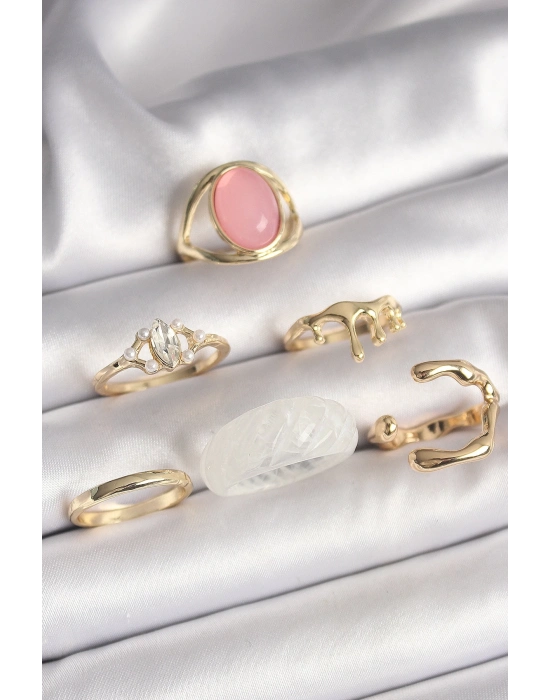 ® Pirinç Gold Renk Zirkon Taş Detaylı Pembe Mineli 6Lı Kadın Yüzük Seti