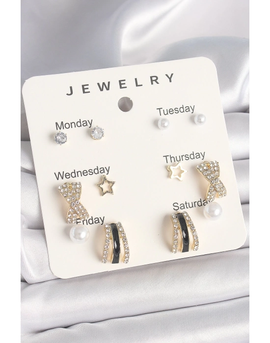 ® Pirinç Gold Renk Zirkon Taş Yıldız Detaylı İncili 7Li Set Kadın Küpe Seti