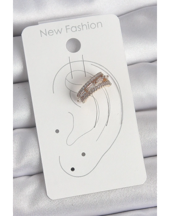 ® Pirinç Gold Renk Zirkon Taşlı 3Lü Sıralı Model Kadın Kıkırdak Küpe