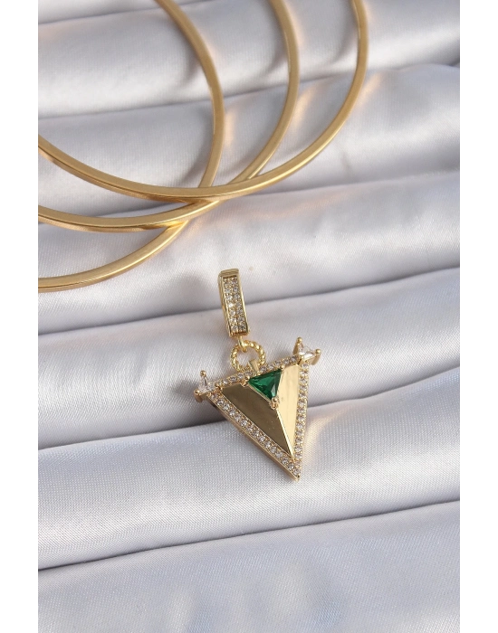 ® Pirinç Gold Renk Zirkon Taşlı 3D Üçgen Model Ajda Charm