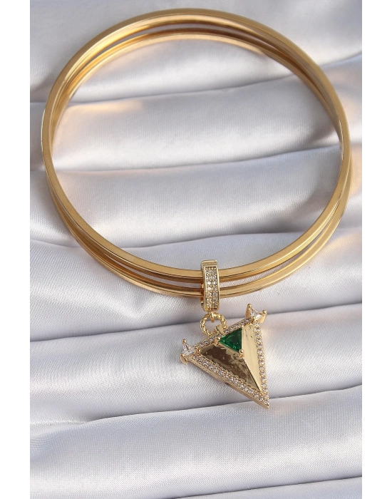 ® Pirinç Gold Renk Zirkon Taşlı 3D Üçgen Model Ajda Charm