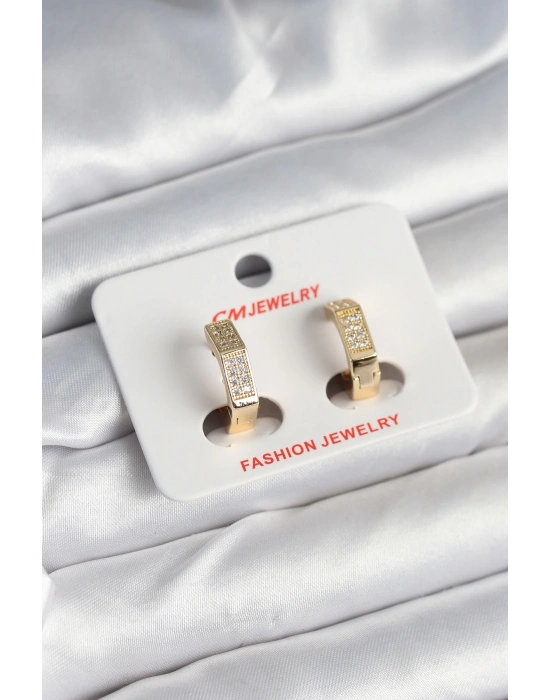 ® Pirinç Gold Renk Zirkon Taşlı Altıgen Kadın Küpe
