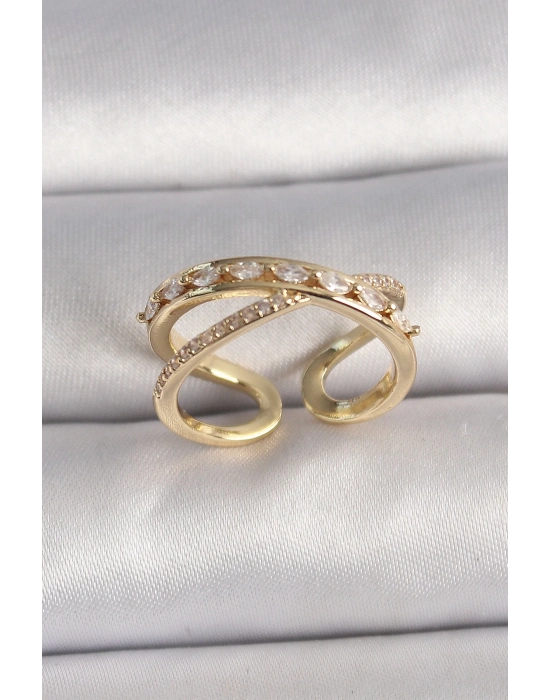 ® Pirinç Gold Renk Zirkon Taşlı Ayarlanabilir Kadın Yüzük