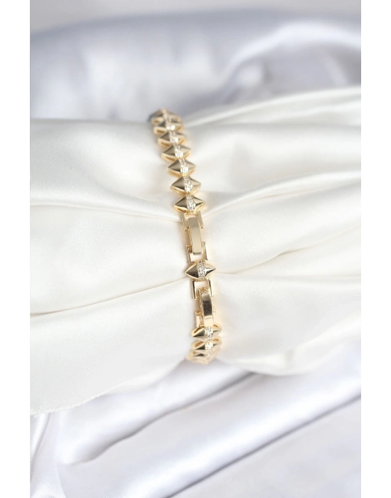 ® Pirinç Gold Renk Zirkon Taşlı Baklava Model Kadın Bileklik