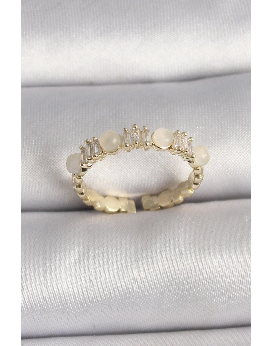 ® Pirinç Gold Renk Zirkon Taşlı Beyaz Mineli Ayarlanabilir Yüzük