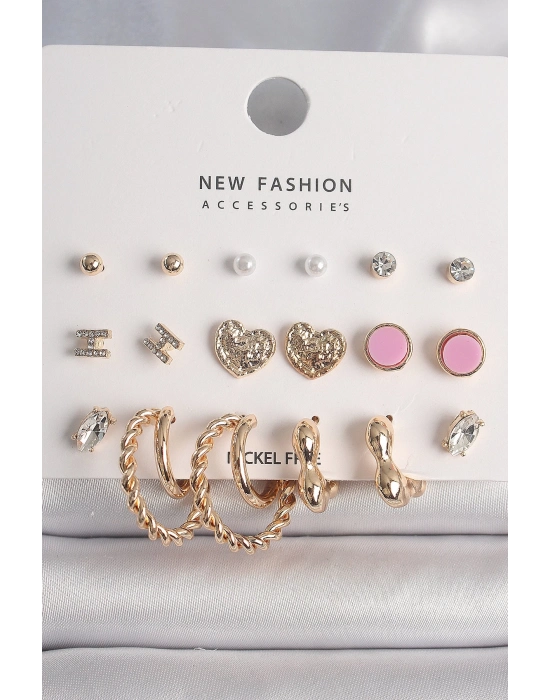 ® Pirinç Gold Renk Zirkon Taşlı Burug Halka Model İşlemeli Kalp Detay 9 Çift Kadın Küpe Seti