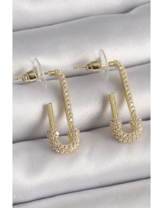 ® Pirinç Gold Renk Zirkon Taşlı Çengelli İğne Model Kadın Küpe