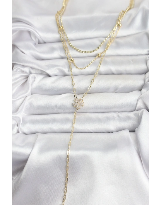 ® Pirinç Gold Renk Zirkon Taşlı Çiçek Model Detaylı 3lü Kombin Y Kadın Kolye