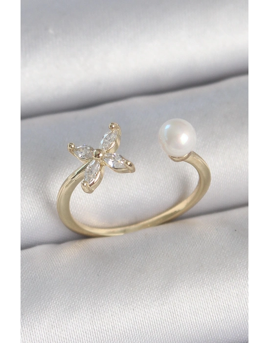 ® Pirinç Gold Renk Zirkon Taşlı Çiçek Model İnci Detay Ayarlanabilir Kadın Yüzük