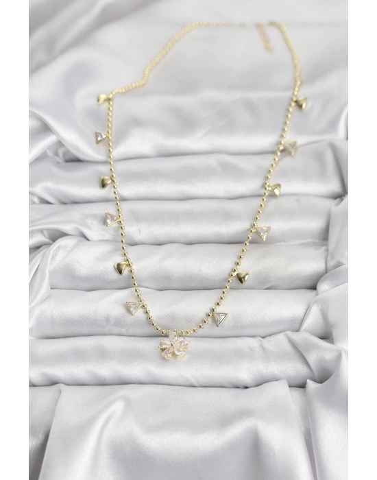 ® Pirinç Gold Renk Zirkon Taşlı Çiçek Model Kadın Kolye