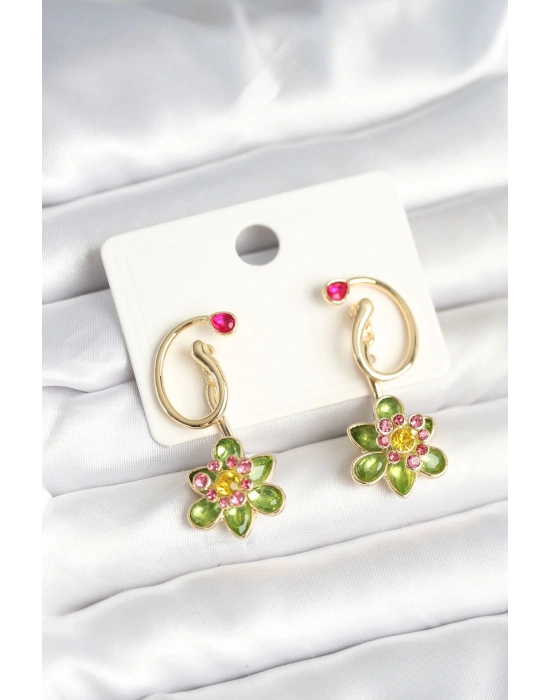 ® Pirinç Gold Renk Zirkon Taşlı Çiçek Model Kadın Küpe