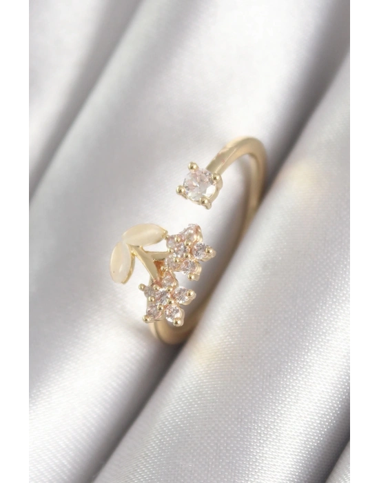 ® Pirinç Gold Renk Zirkon Taşlı Çiçek Model Kadın Yüzük