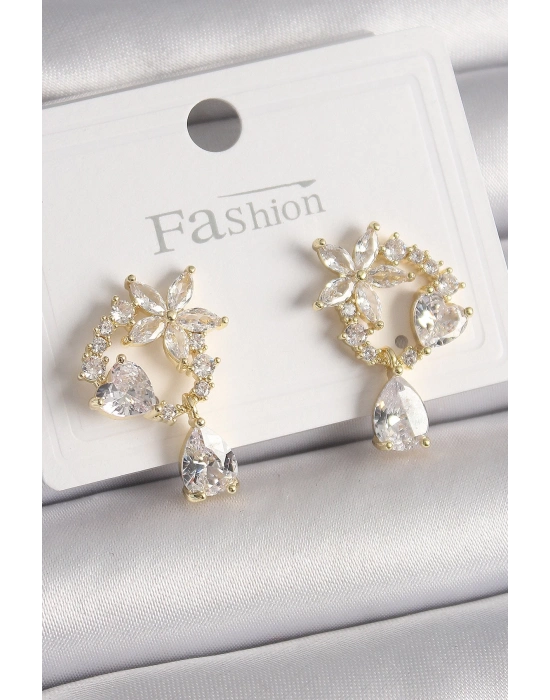 ® Pirinç Gold Renk Zirkon Taşlı Çiçek Model Sallantı Damla Detay Kadın Küpe