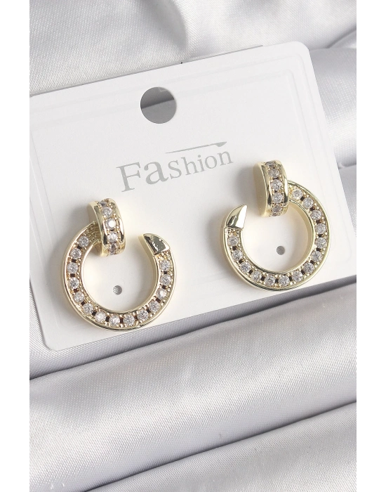 ® Pirinç Gold Renk Zirkon Taşlı Çivi Halka Model Kadın Küpe
