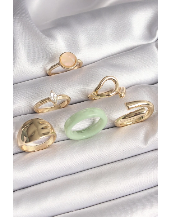 ® Pirinç Gold Renk Zirkon Taşlı Daire Pembe Mineli Detay 6Lı Kadın Yüzük Seti