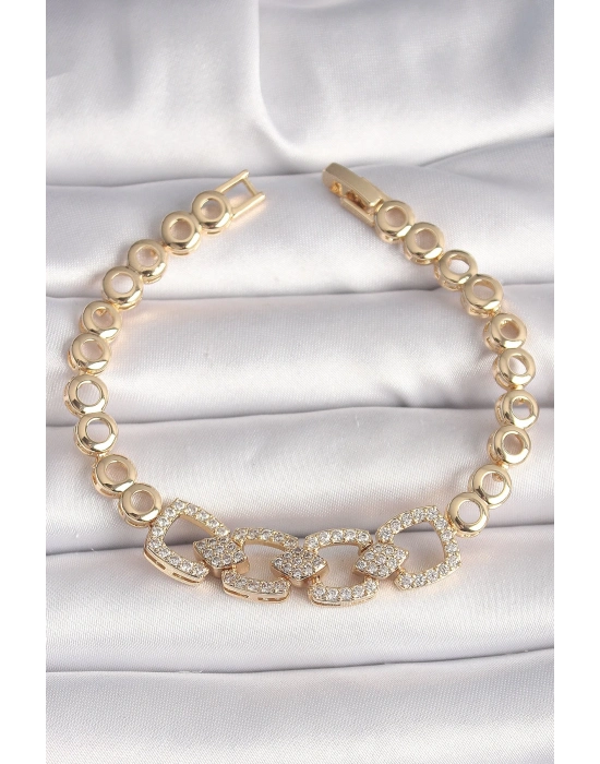 ® Pirinç Gold Renk Zirkon Taşlı Daire Zincir Model Kadın Bileklik