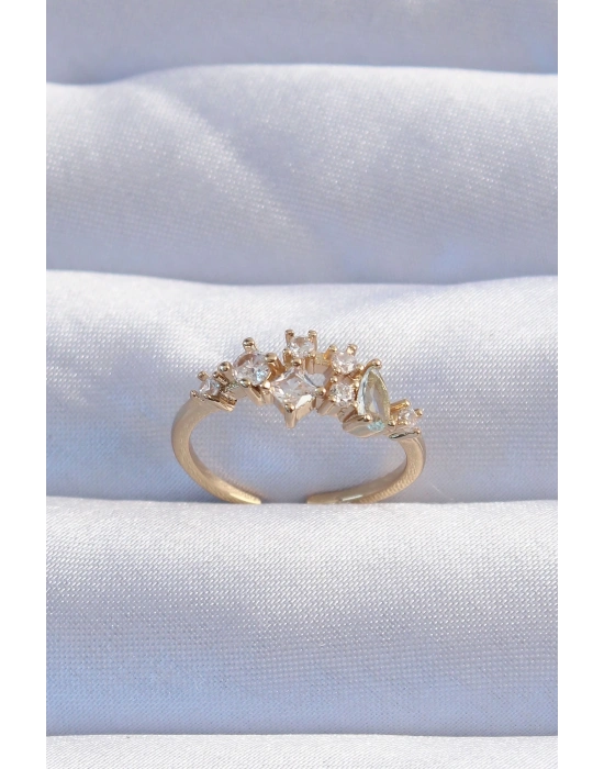 ® Pirinç Gold Renk Zirkon Taşlı Damla Detay Ayarlanabilir Yüzük