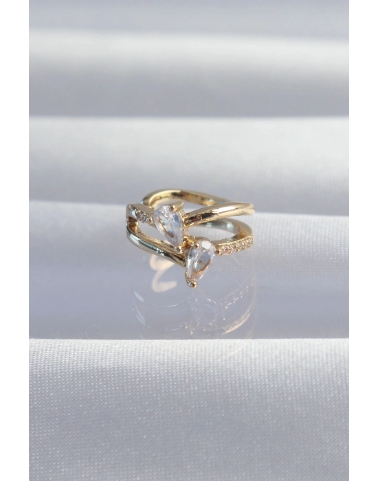 ® Pirinç Gold Renk Zirkon Taşlı Damla Earcuff Küpe