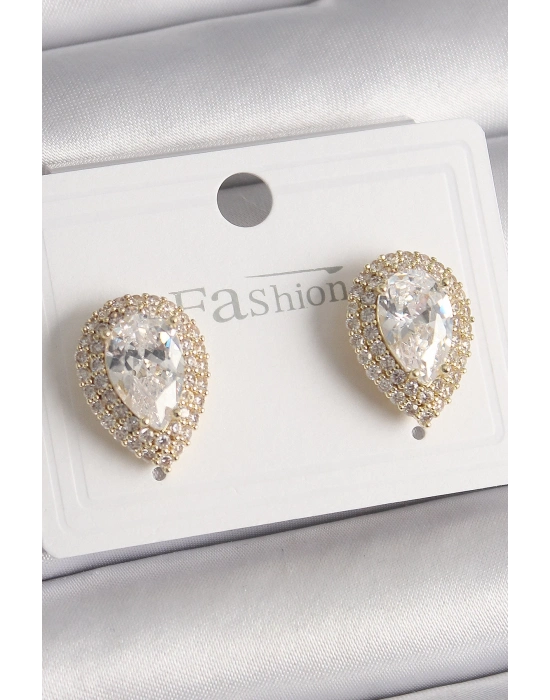 ® Pirinç Gold Renk Zirkon Taşlı Damla Model Kadın Küpe