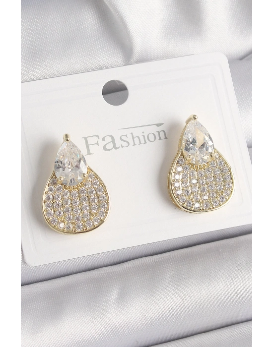 ® Pirinç Gold Renk Zirkon Taşlı Damla Model Kadın Küpe