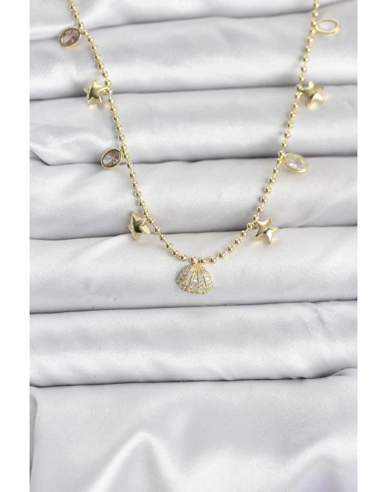 ® Pirinç Gold Renk Zirkon Taşlı Deniz Kabuğu Model Kadın Kolye