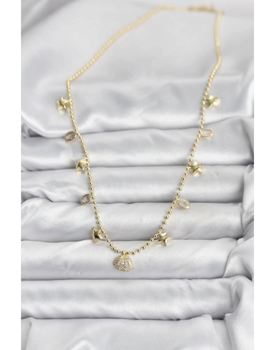 ® Pirinç Gold Renk Zirkon Taşlı Deniz Kabuğu Model Kadın Kolye