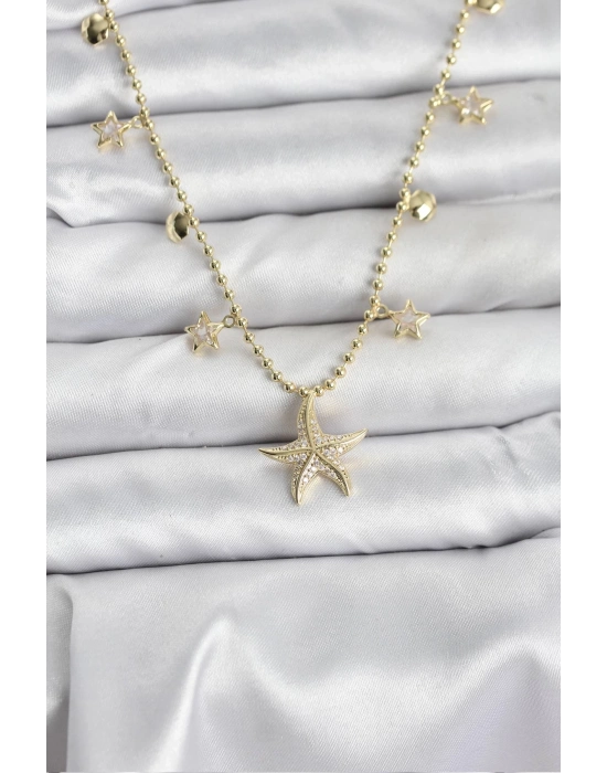 ® Pirinç Gold Renk Zirkon Taşlı Deniz Yıldızı Model Kadın Kolye