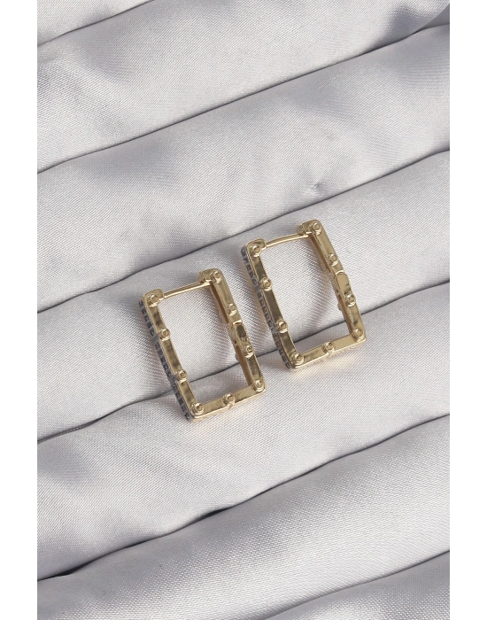 ® Pirinç Gold Renk Zirkon Taşlı Dikdörtgen Model Seranay Küpe