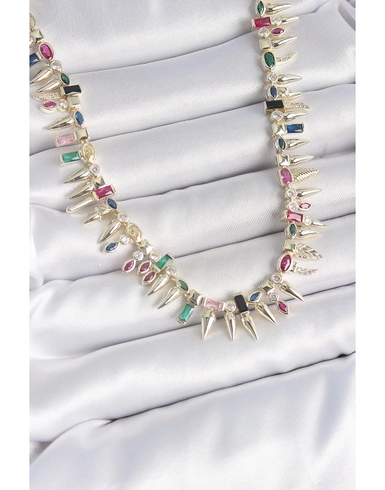 ® Pirinç Gold Renk Zirkon Taşlı Diken Model VIP Seri Kadın Kolye