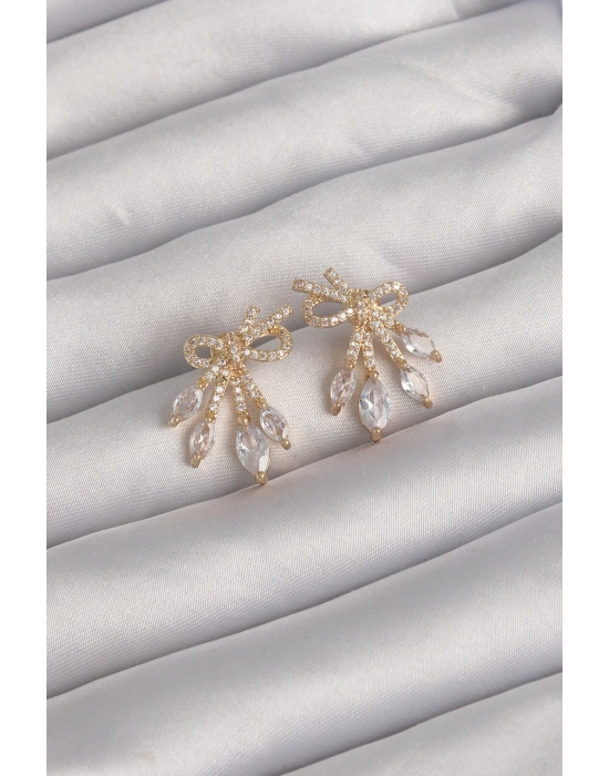 ® Pirinç Gold Renk Zirkon Taşlı Fiyonk Küpe