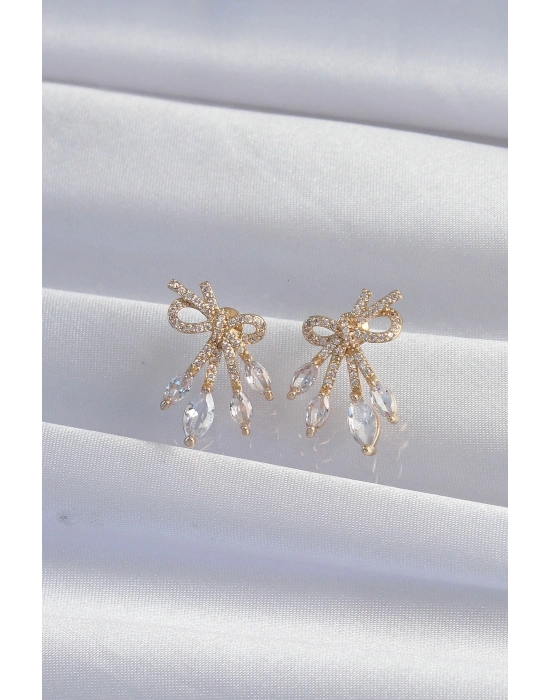 ® Pirinç Gold Renk Zirkon Taşlı Fiyonk Küpe