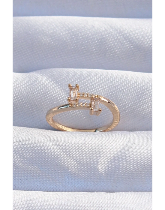 ® Pirinç Gold Renk Zirkon Taşlı Geometrik Ayarlanabilir Yüzük