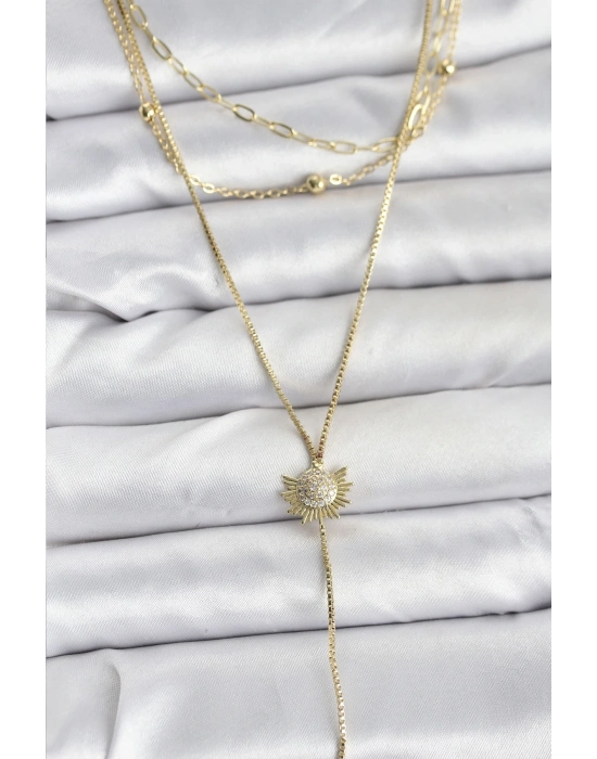 ® Pirinç Gold Renk Zirkon Taşlı Güneş Model Detaylı 3lü Kombin Y Kadın Kolye