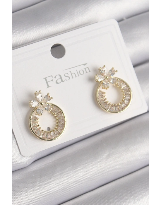 ® Pirinç Gold Renk Zirkon Taşlı Halka Model Çiçek Figür Kadın Küpe