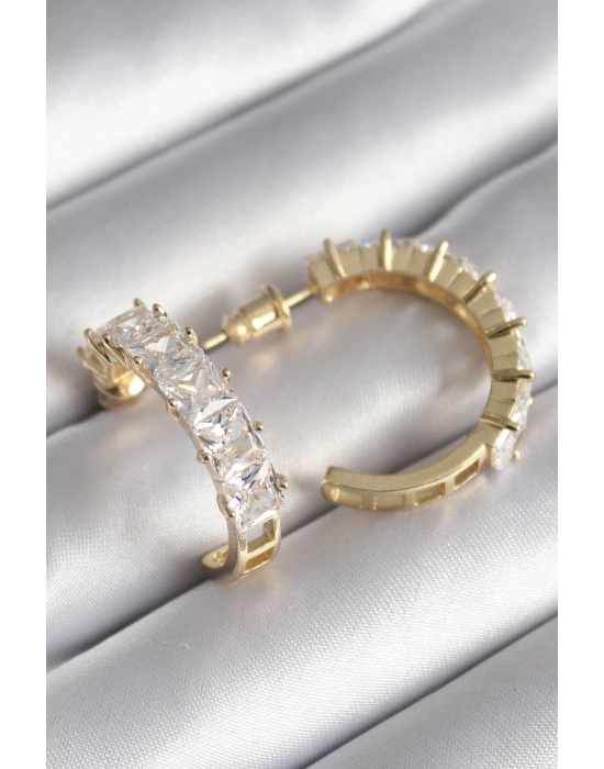 ® Pirinç Gold Renk Zirkon Taşlı Halka Model Kadın Küpe
