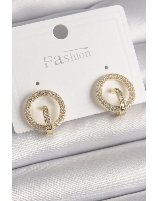 ® Pirinç Gold Renk Zirkon Taşlı Halka Model Kadın Küpe