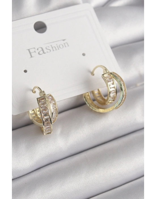 ® Pirinç Gold Renk Zirkon Taşlı Halka Model Kadın Küpe