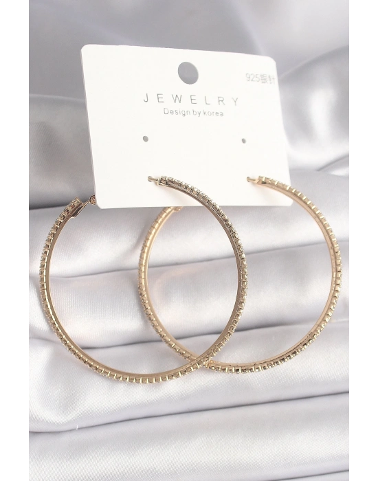 ® Pirinç Gold Renk Zirkon Taşlı Halka Model Kadın Küpe