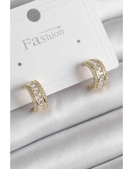 ® Pirinç Gold Renk Zirkon Taşlı Halka Model Kadın Küpe