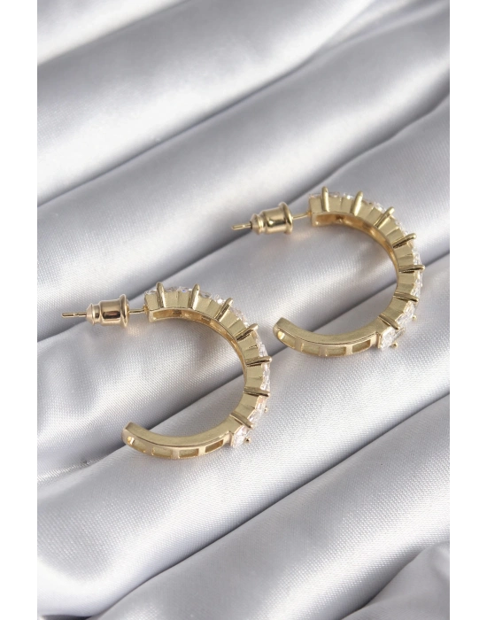 ® Pirinç Gold Renk Zirkon Taşlı Halka Model Kadın Küpe