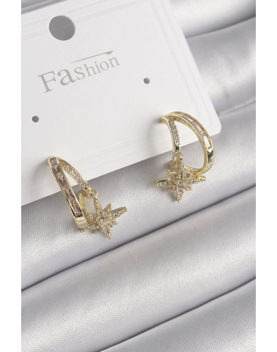® Pirinç Gold Renk Zirkon Taşlı Halka Model Yıldız Detay Kadın Küpe