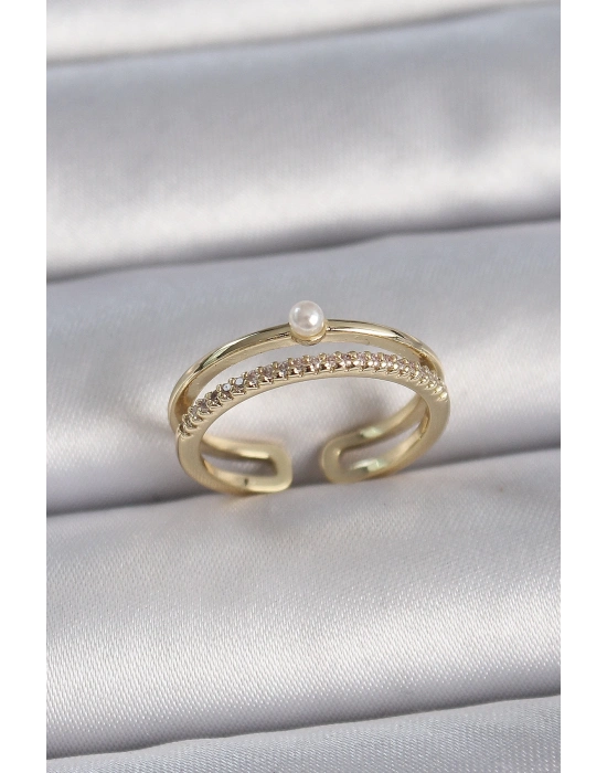 ® Pirinç Gold Renk Zirkon Taşlı İnci Detay Ayarlanabilir Model Kadın Yüzük