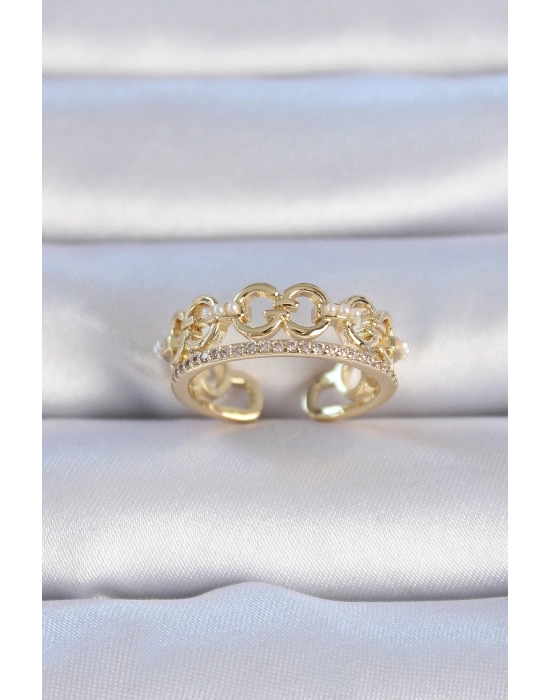 ® Pirinç Gold Renk Zirkon Taşlı İnci Detay Kadın Yüzük