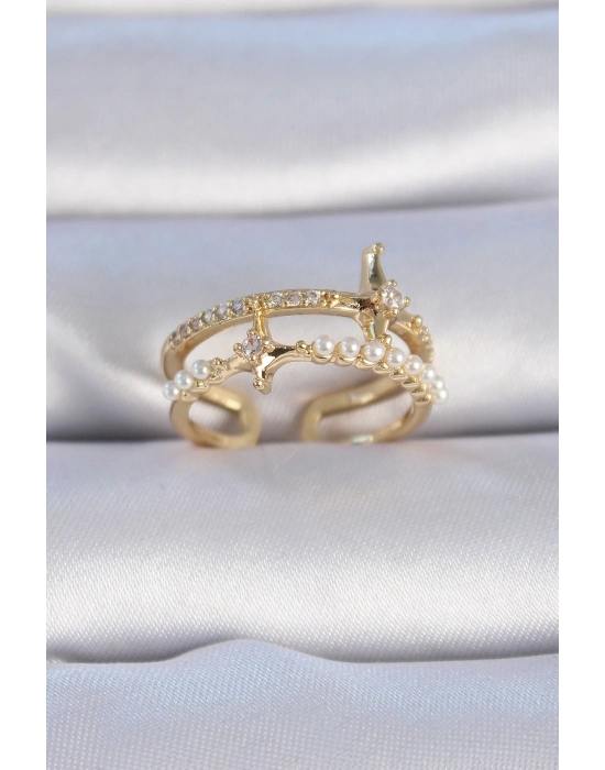 ® Pirinç Gold Renk Zirkon Taşlı İnci Detay Kutup Yıldızı Model Kadın Yüzük